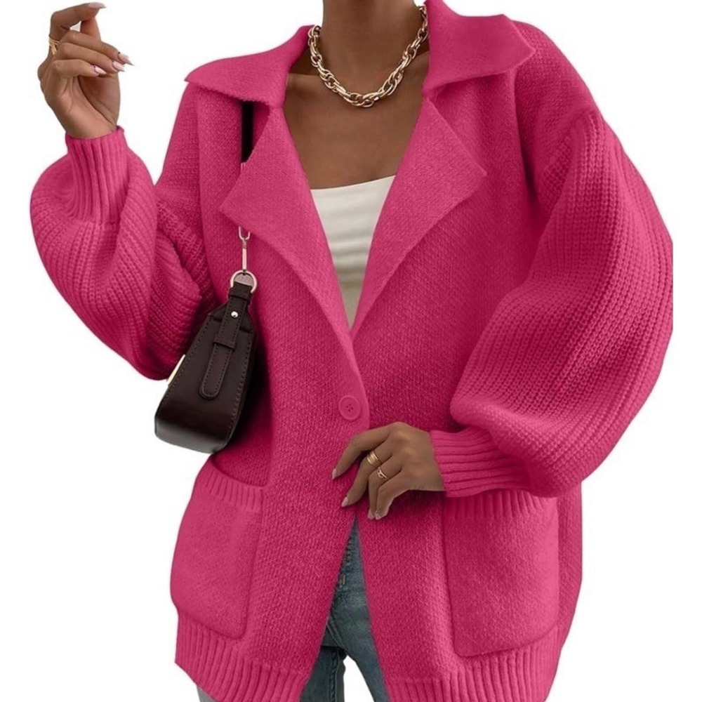 Deepself Cardigan Sweater Women Small Pink New Knit Oversized V-Neck Button